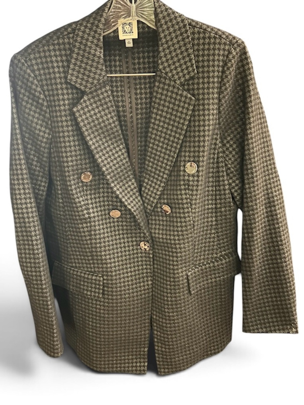 Anne Klein Double-Breasted Houndstooth Blazer - Black and Silver
